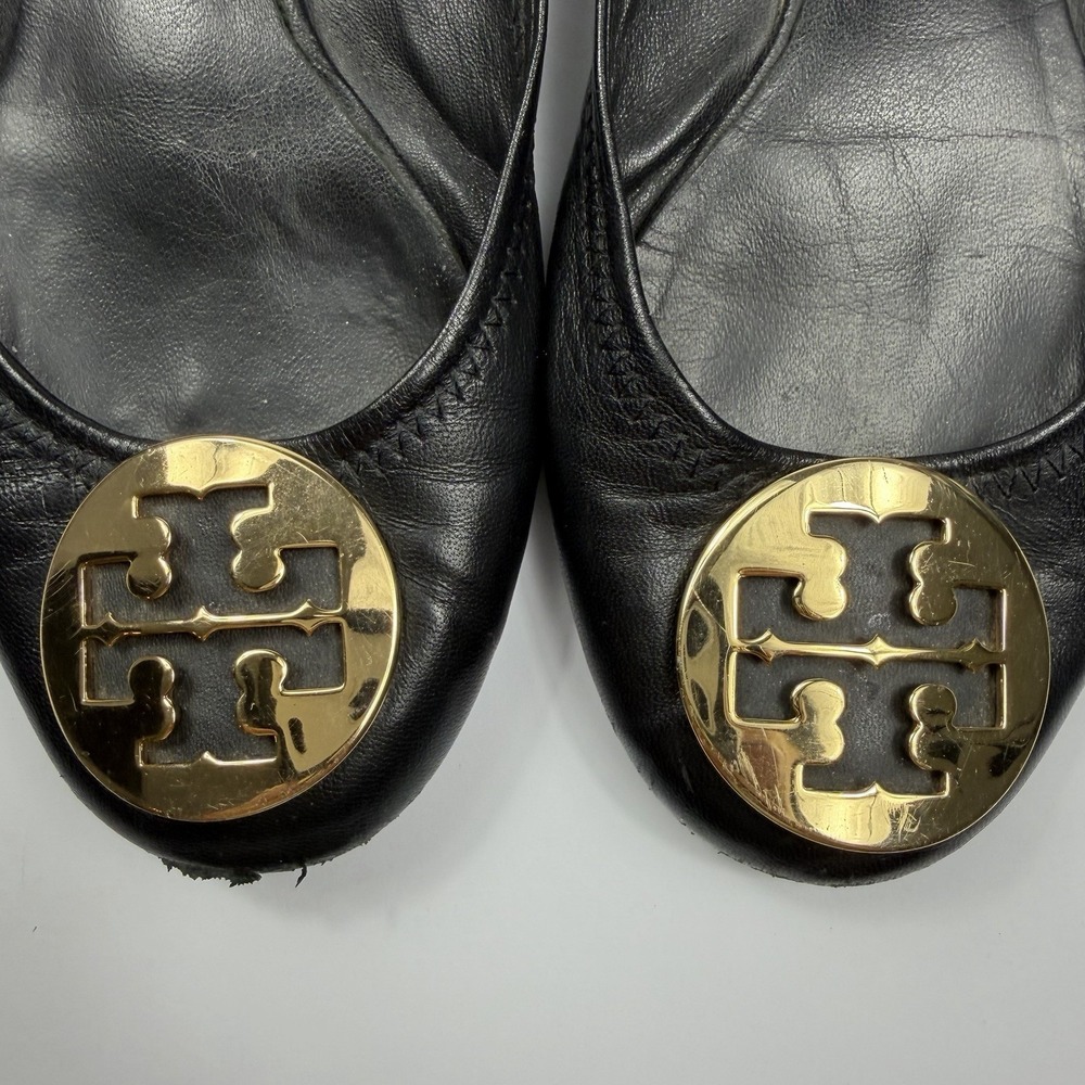 Tory Burch Reva Ballet Flats Womens 7.5 Black Leather Gold Logo Slip On Shoes - Picture 8 of 9